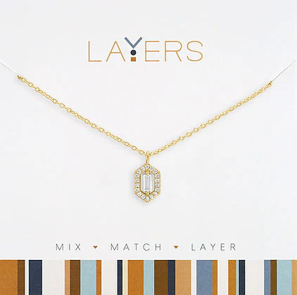 Gold Hexagon CZ Pendant Layers Necklace
