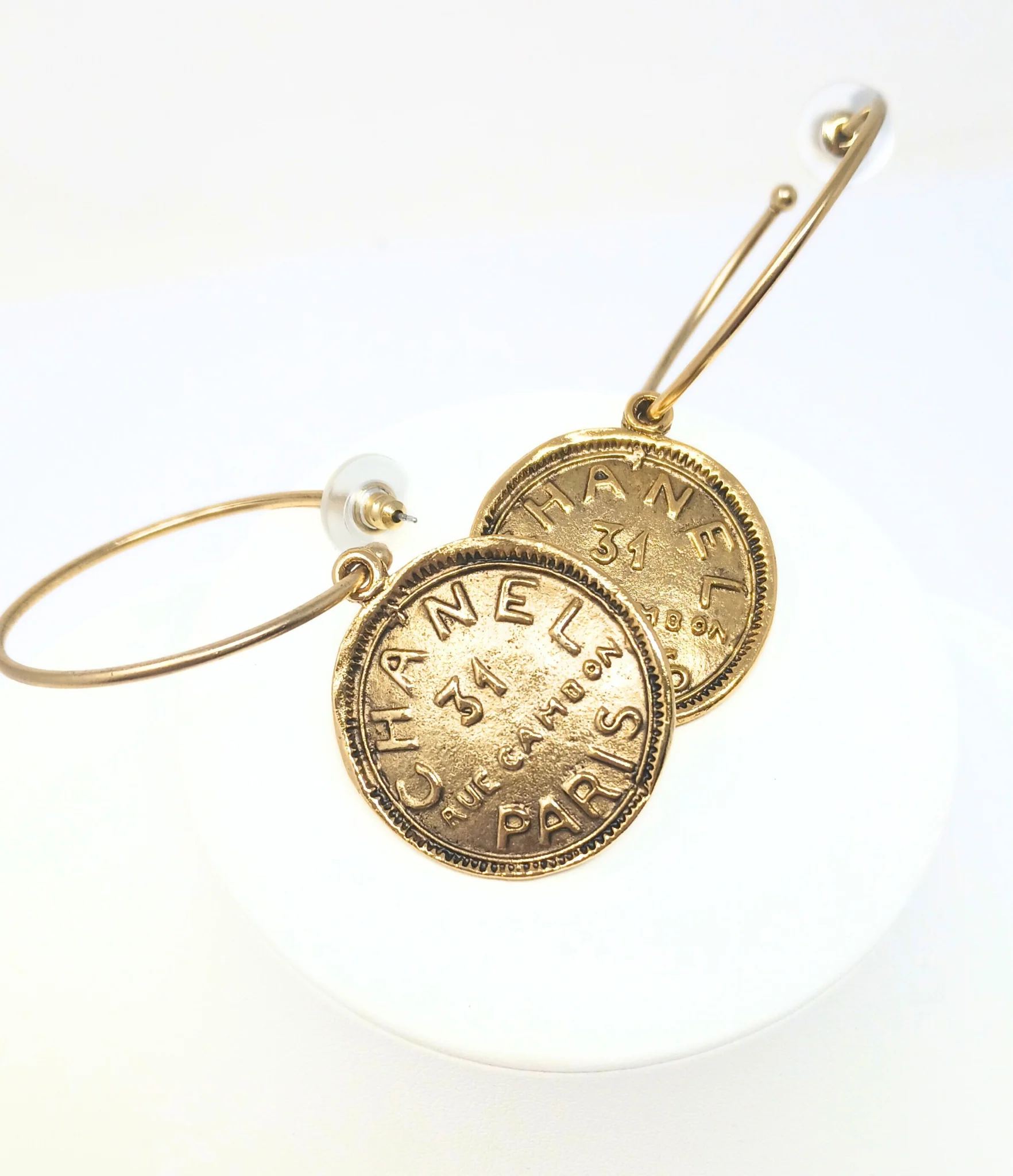 Gold Hoop Earrings with Chanel Type Coin