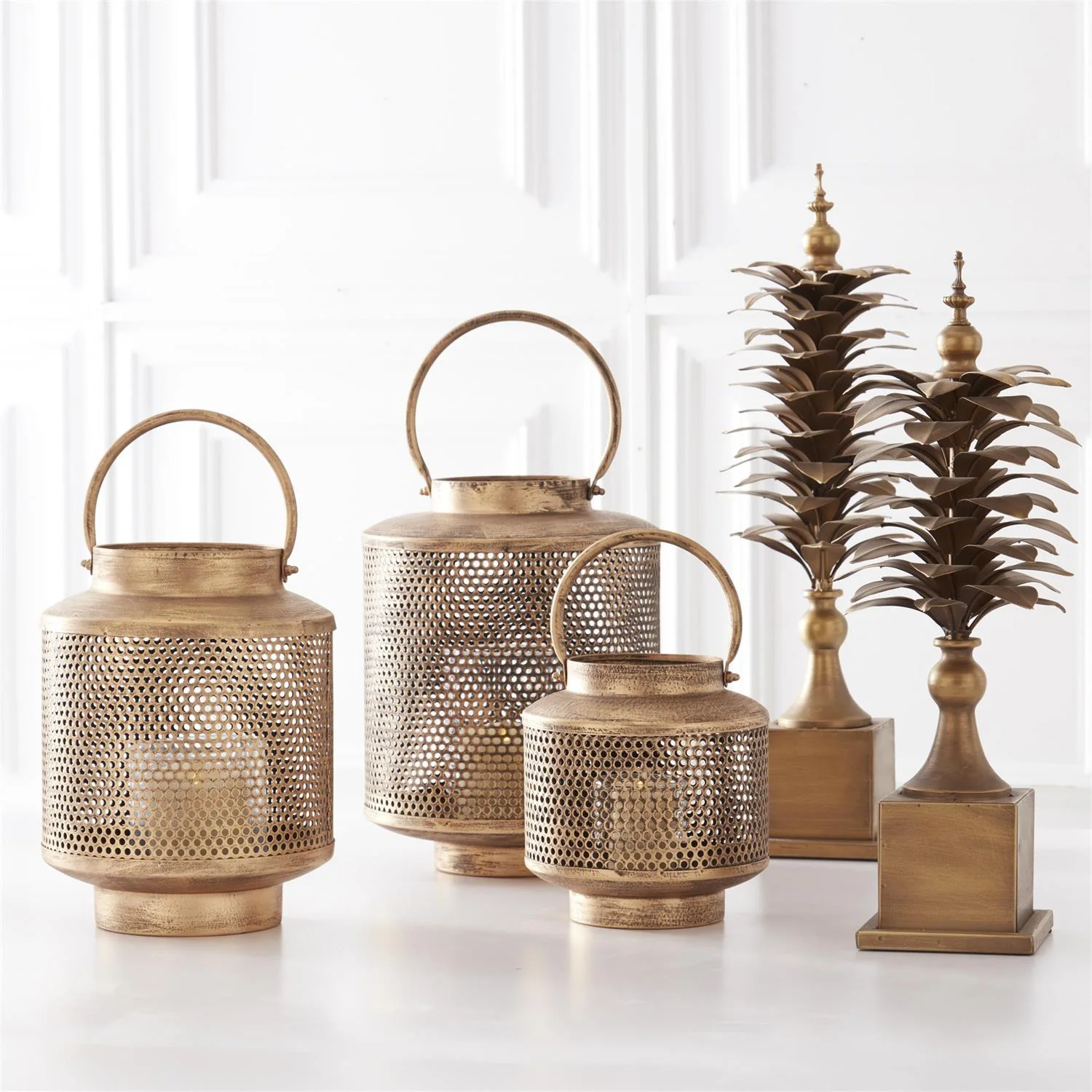 Gold Metal Mesh Lantern with Glass Hurricanes - Image 4