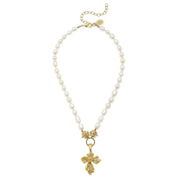 Gold Vintage Cross On Genuine Freshwater Pearl Necklace