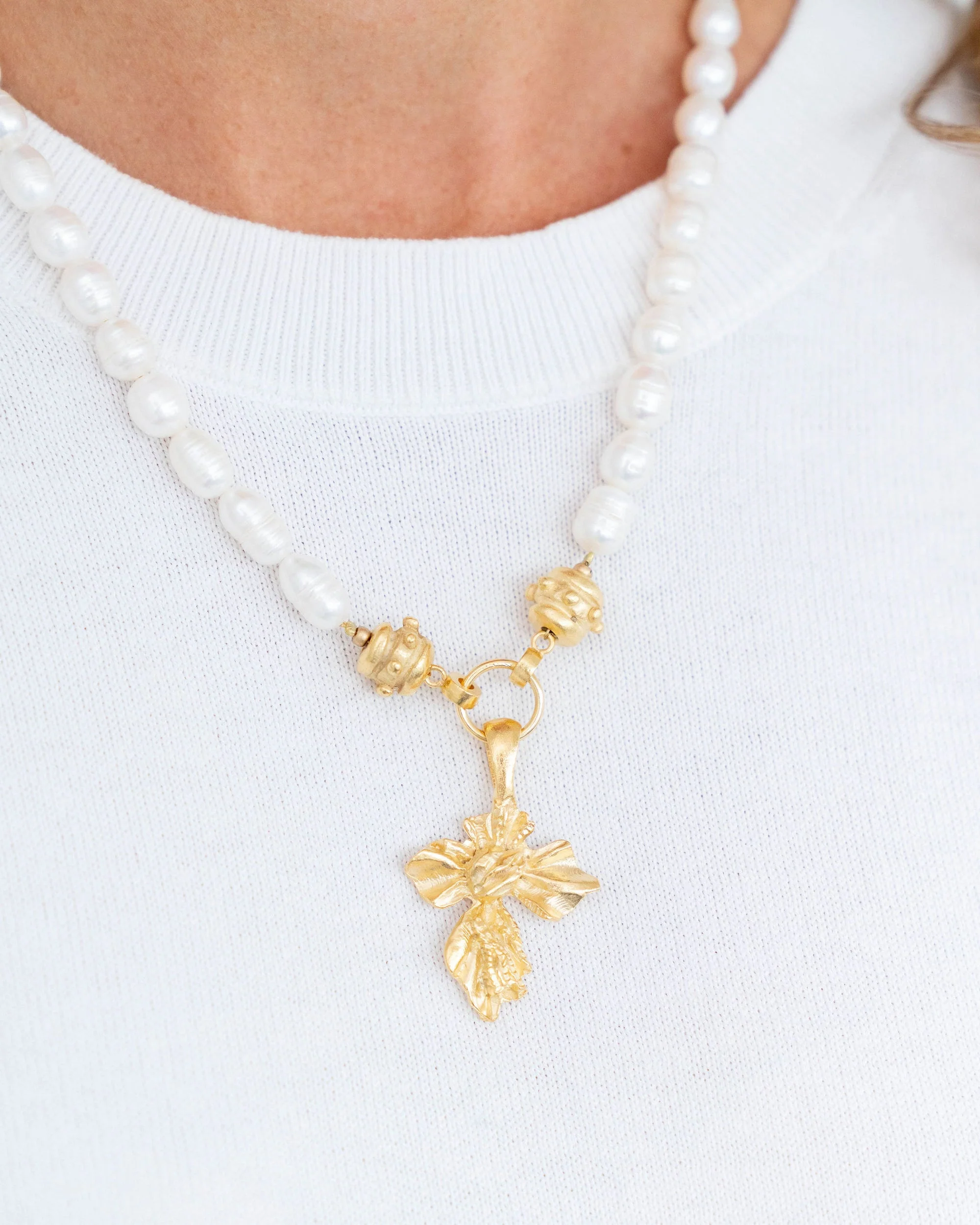 Gold Vintage Cross On Genuine Freshwater Pearl Necklace - Image 2