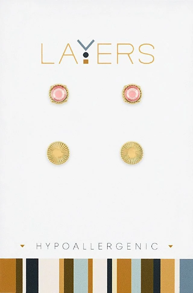 Gold Vintage Rose Duo Pair Stud Layers Earrings