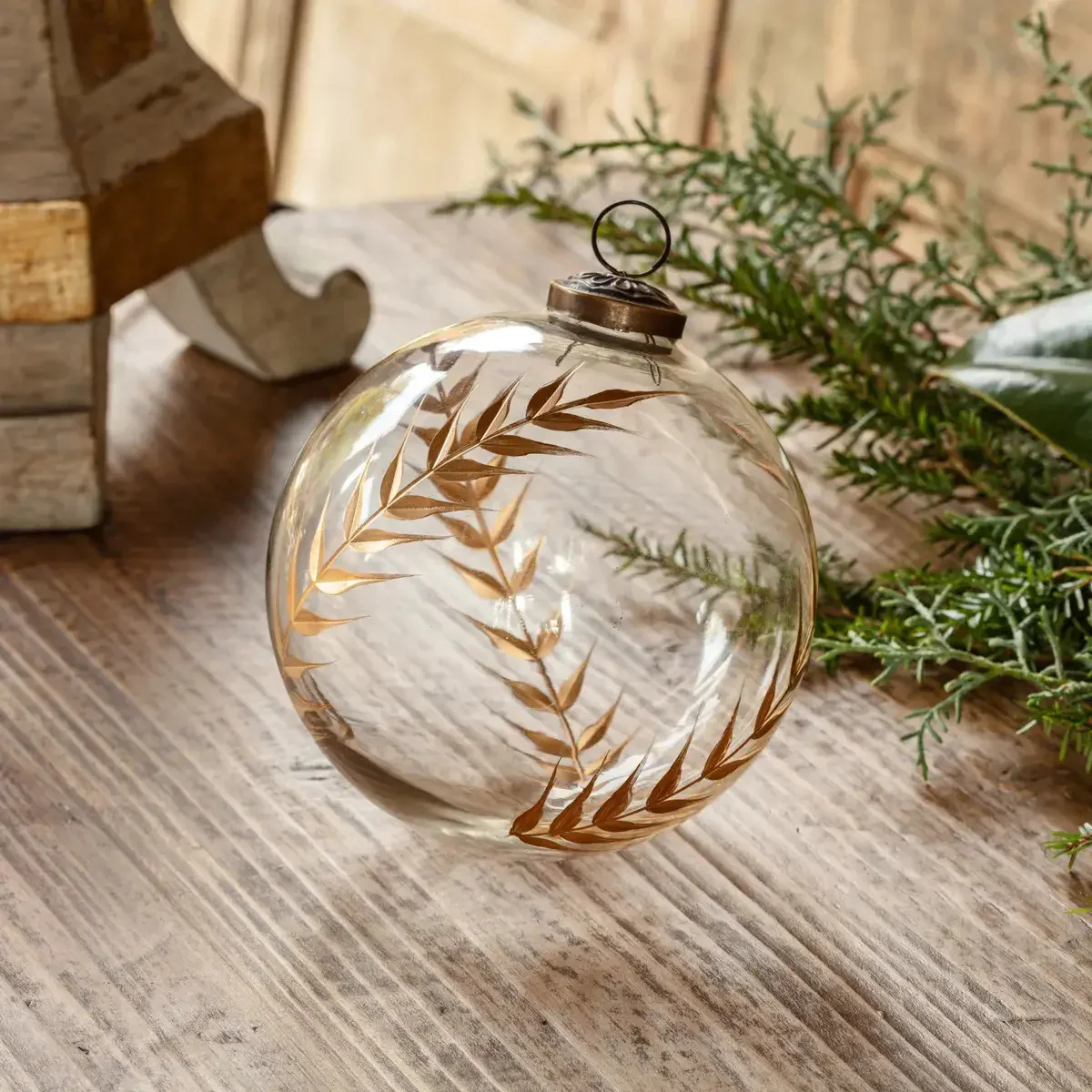 4" Golden Etched Laurel Glass Ornament - Image 2