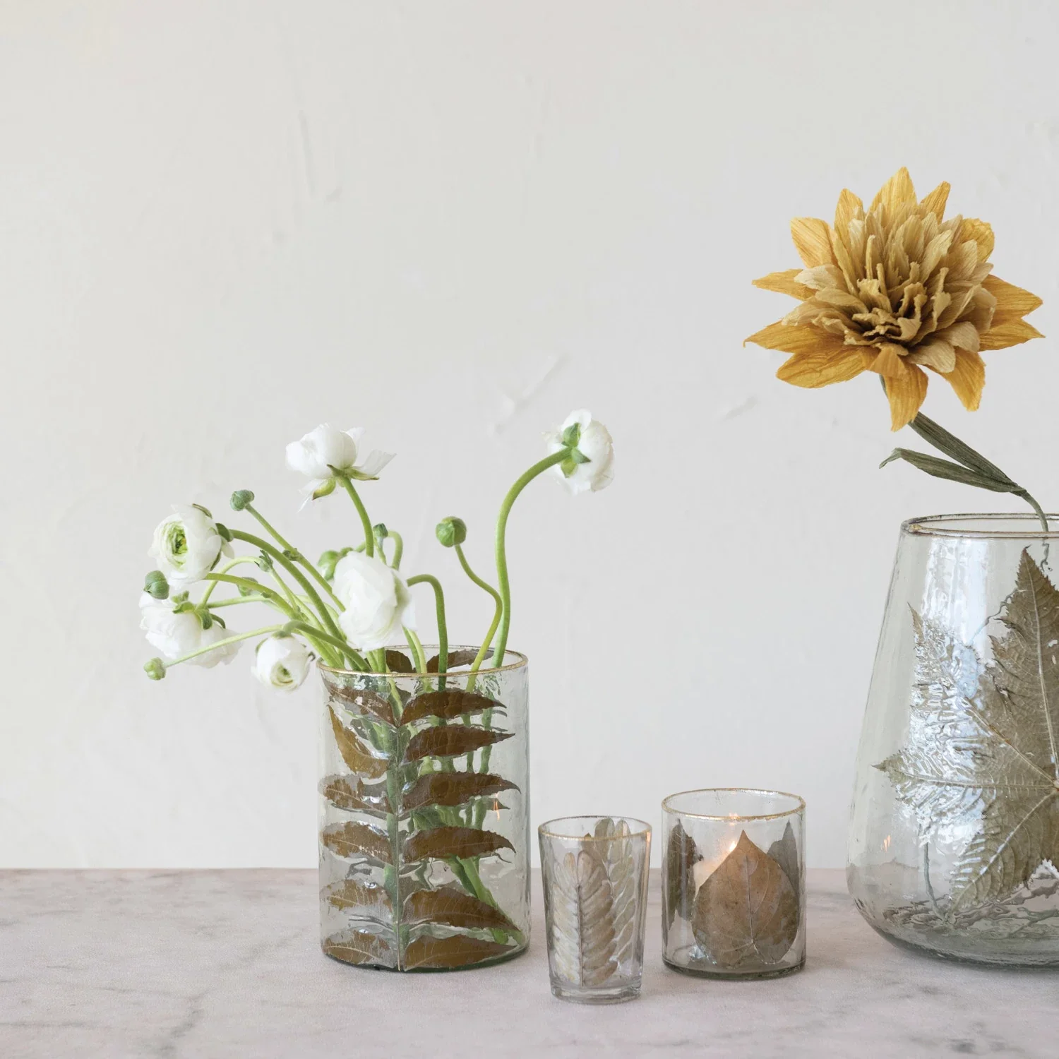 Hand-Blown Glass Votive Holder w/ Embedded Tamarind Leaves & Gold Foil Edge - Image 2