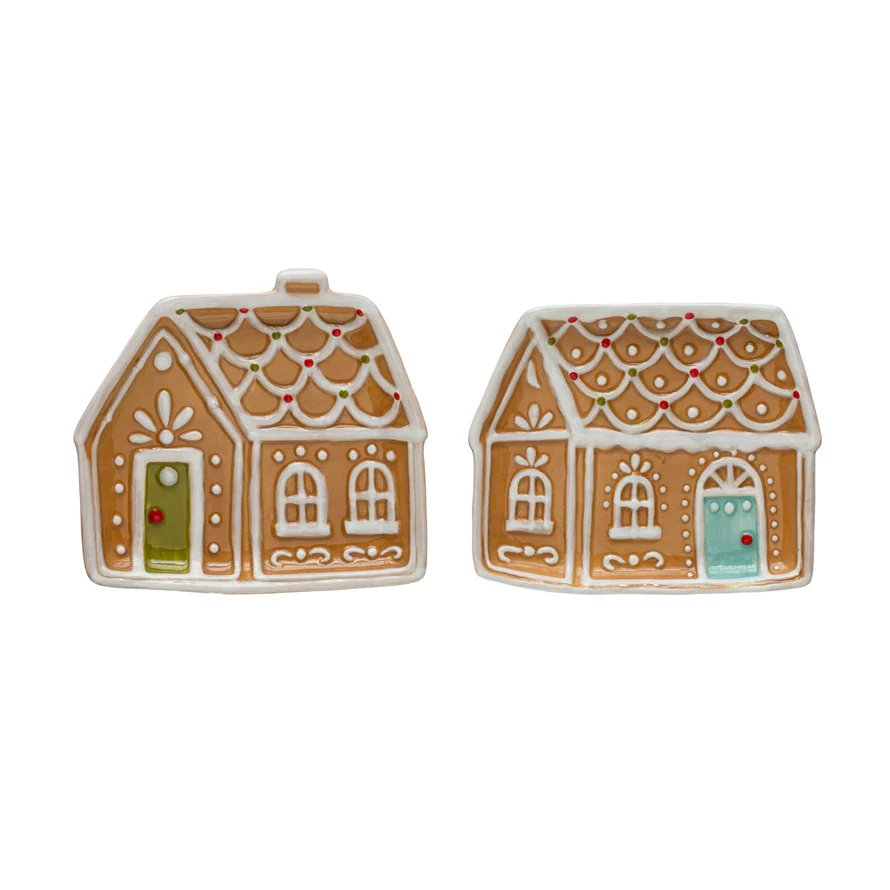 Hand-Painted Ceramic Gingerbread House Shaped Plate - Multicolor - Sold Individually