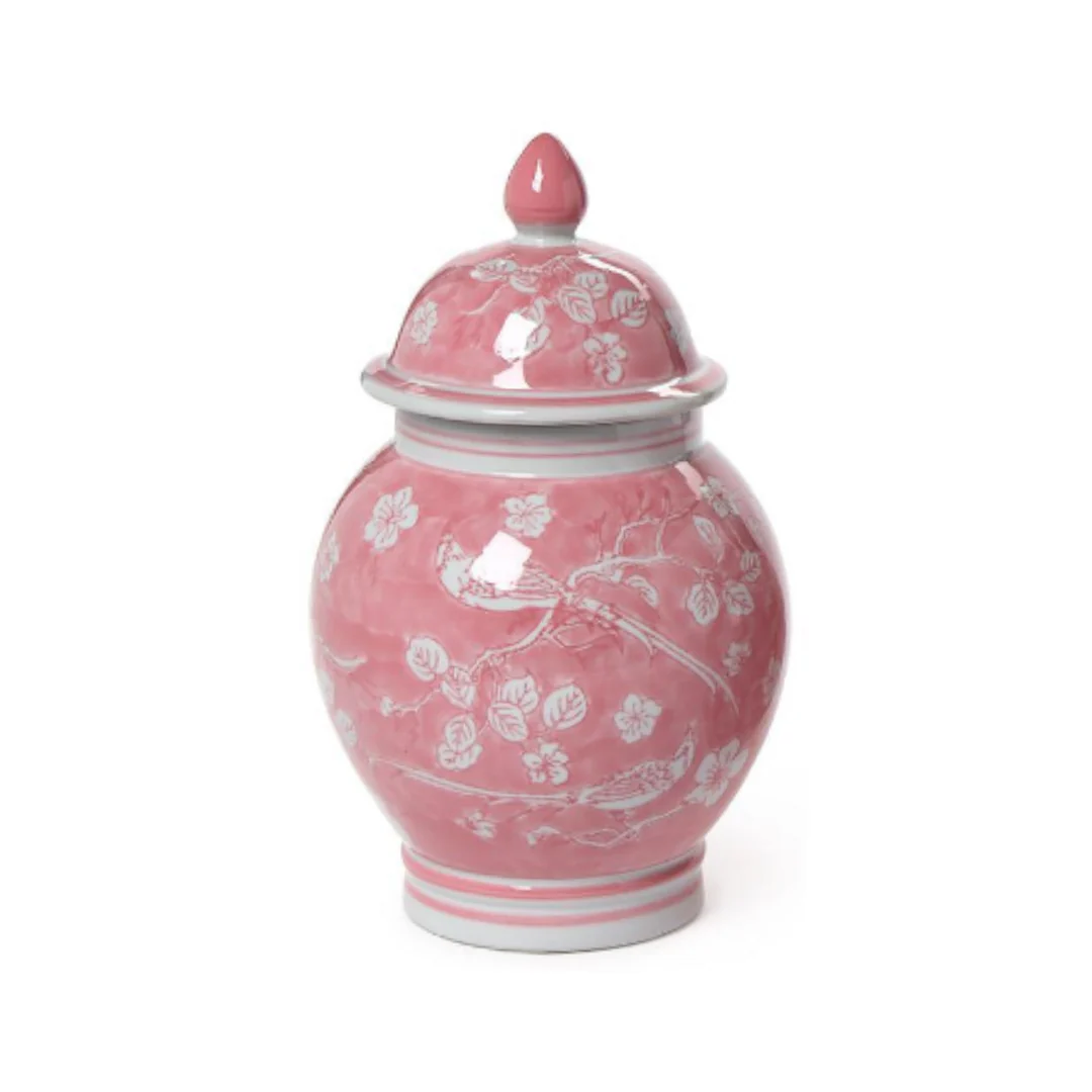 Hand-Painted Pink Chinoiserie Covered Jars - Ceramic - Image 6