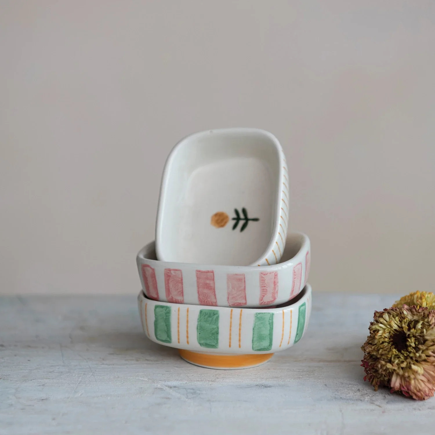 Hand-Painted Stoneware Dish with Stripes & Flower - Image 3