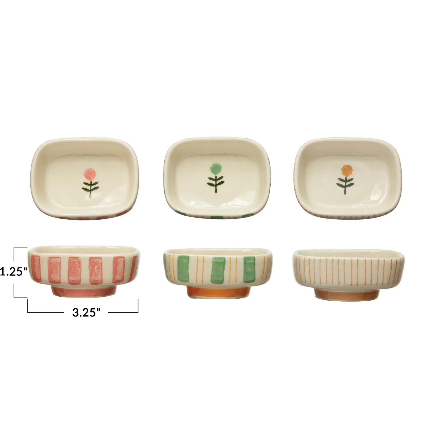 Hand-Painted Stoneware Dish with Stripes & Flower - Image 4
