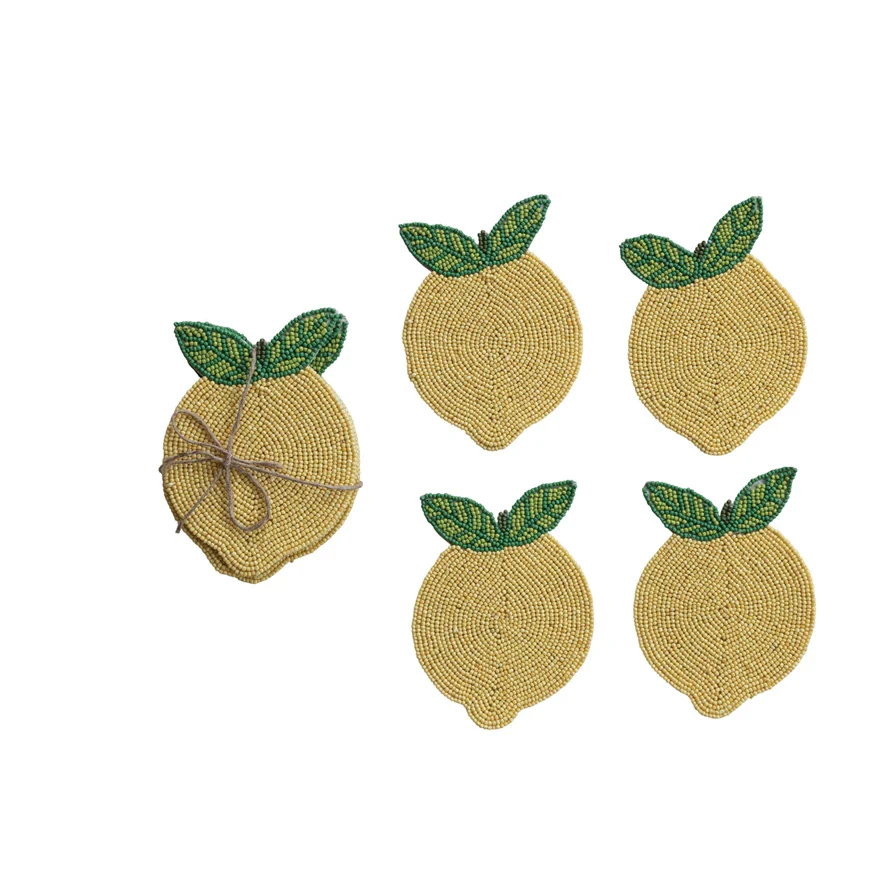 Handmade Beaded Lemon Coasters Tied with Jute - Sold as Set