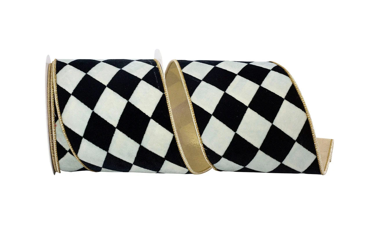 Harlequin Diamond Velvet Deluxe Gold Backed Wired Edge Ribbon