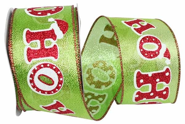 Ho-ho-ho Glitter Metallic Lame Wired Edge Ribbon - Lime/Red