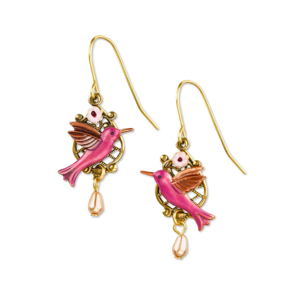 Hummingbird on Filigree with Pearl Drop Earrings