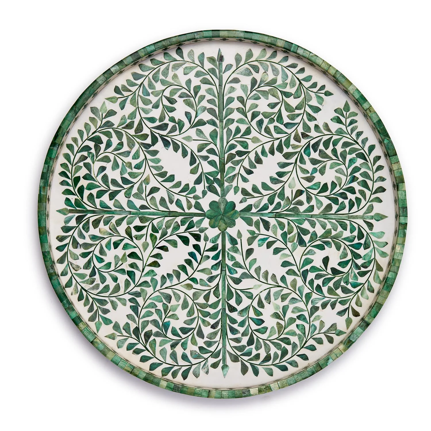 Inlaid Decorative Round Serving Tray - Green/White