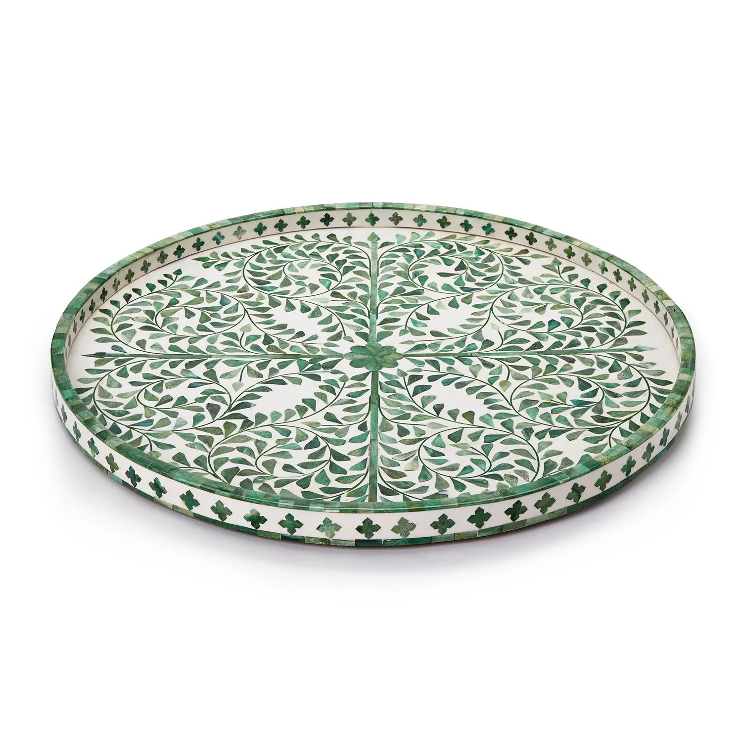 Inlaid Decorative Round Serving Tray - Green/White - Image 2
