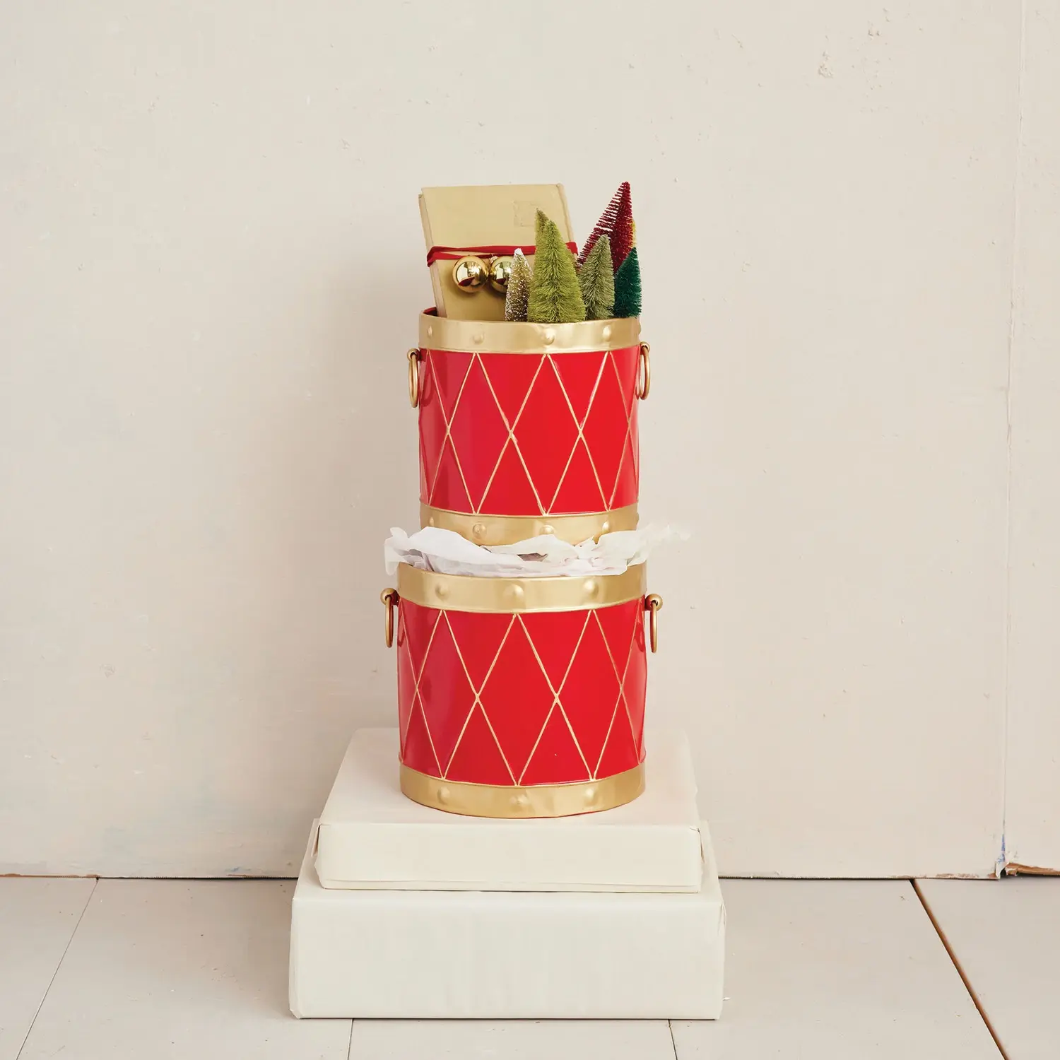 Iron Drum Shaped Buckets Red & Gold Color - Sold Individually - Image 2