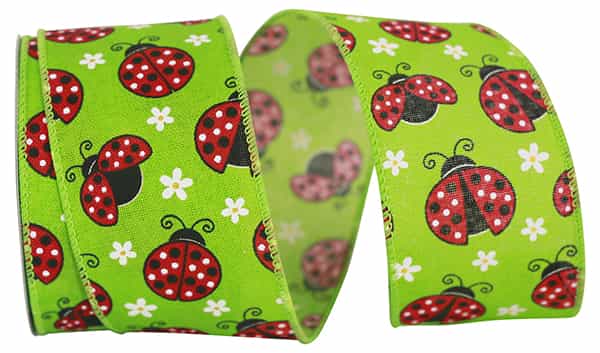 Ladybugs Linen Wired Edge, Apple Green, 2-1/2 Inch, 10 Yards