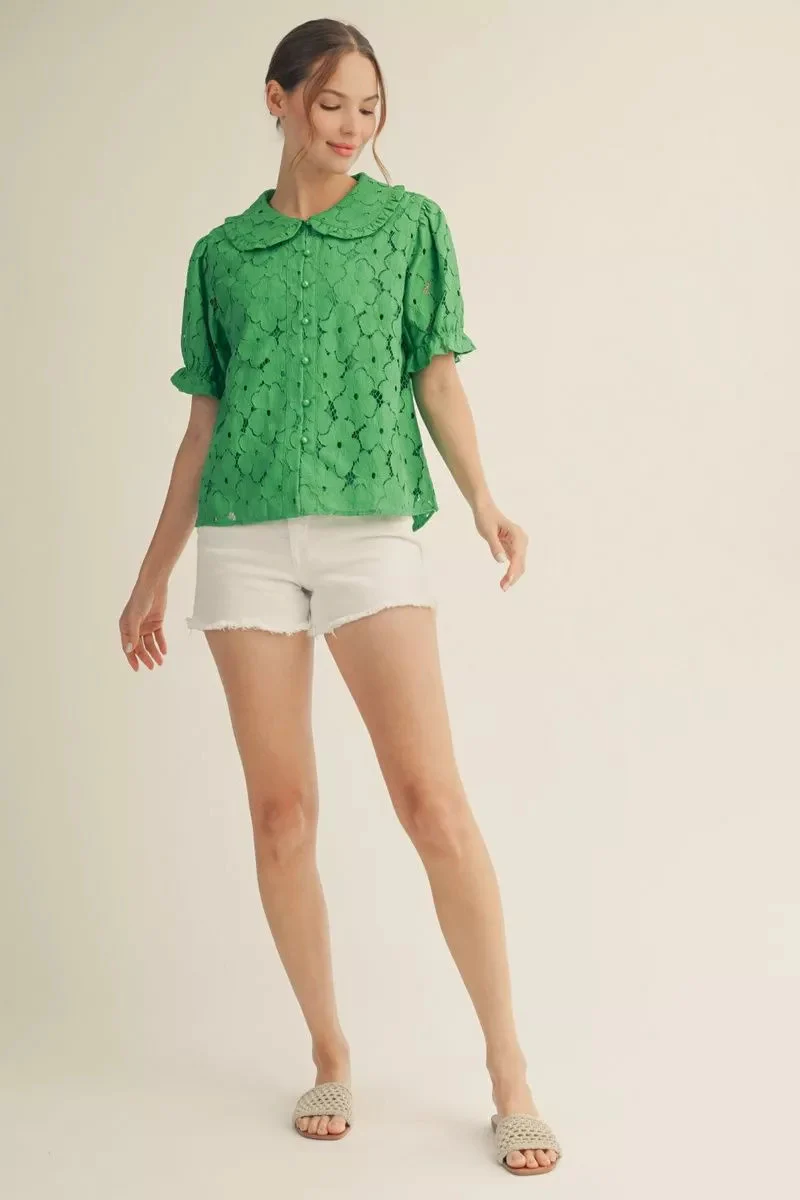 Layla Short Sleeves Button Down 3D Lace Top - Image 4