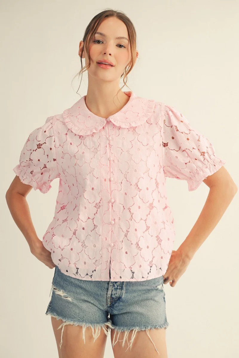 Layla Short Sleeves Button Down 3D Lace Top - Image 8