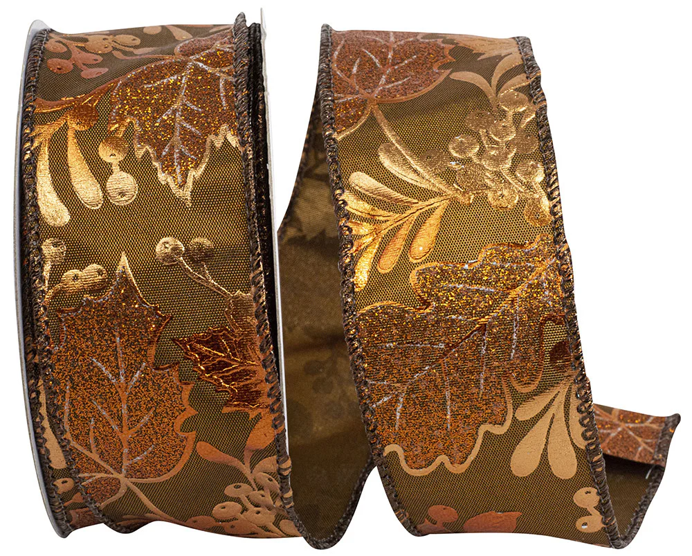 Leaves and Acorns Metalic Wired Edge Ribbon