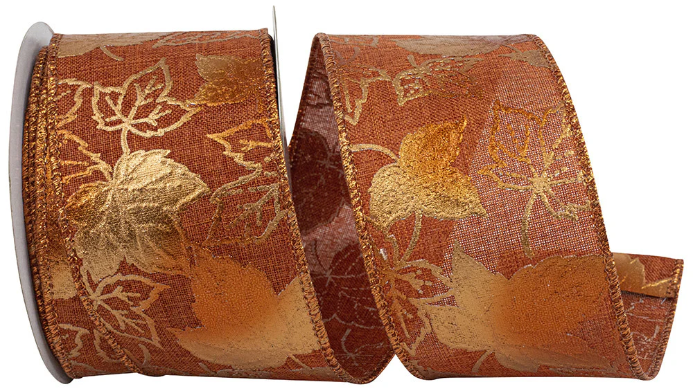 Leaves Raised Metalic Linen Wired Edge Ribbon - Image 2