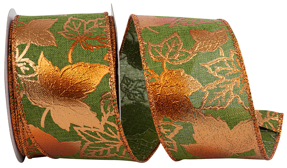 Leaves Raised Metalic Linen Wired Edge Ribbon - Image 3