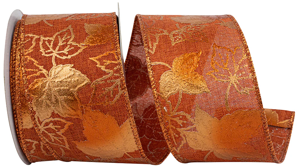 Leaves Raised Metalic Linen Wired Edge Ribbon - Image 4