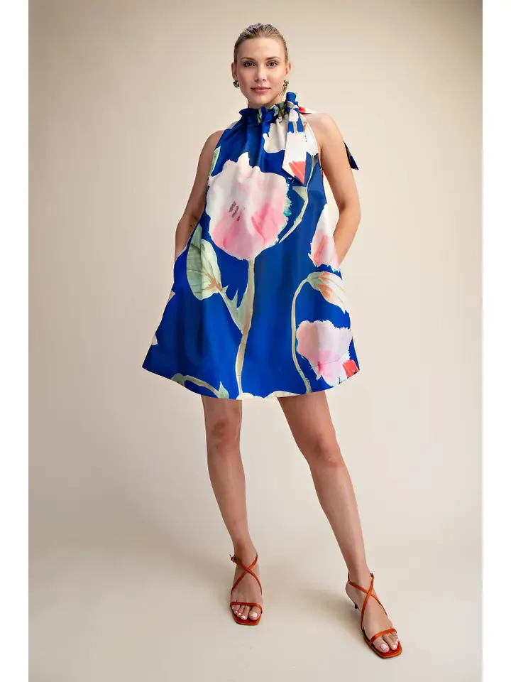 Lella Ruffle Neck Tie Sleeveless Floral Print Mini Dress - Image 4