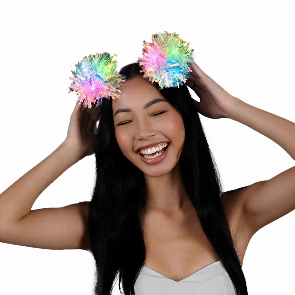 Light Up Crinkle Tinsel Fluffy Pom Pom Headband - Image 6