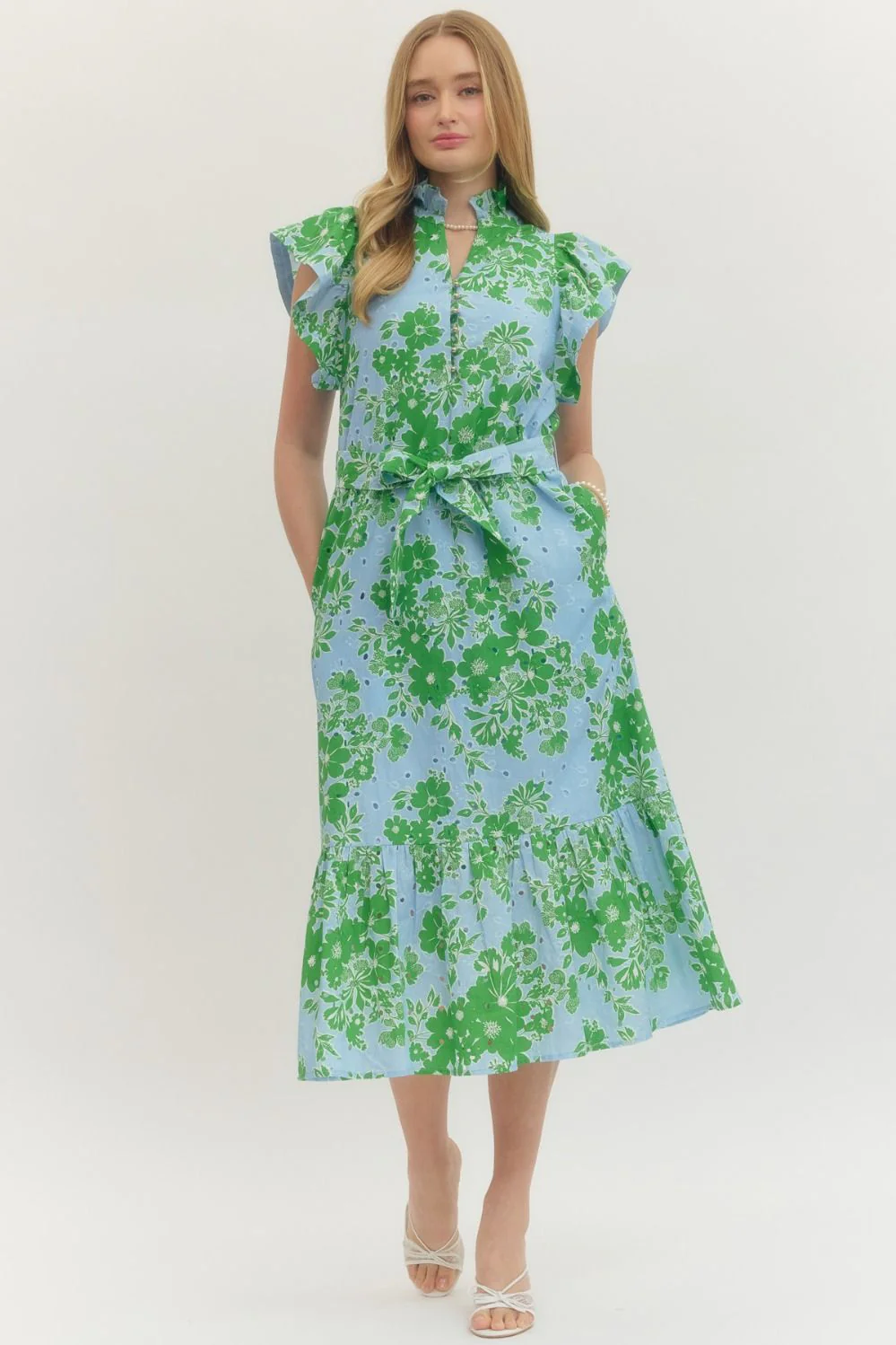 Lilian Floral Print Flutter Sleeve Midi Dress
