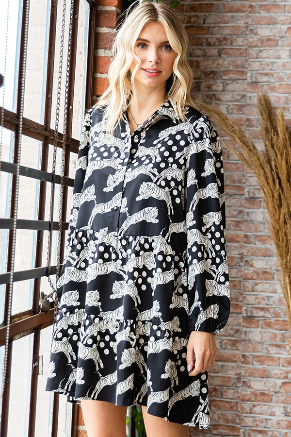 Lucy Tiger Print Button Down Satin Short Babydoll Dress
