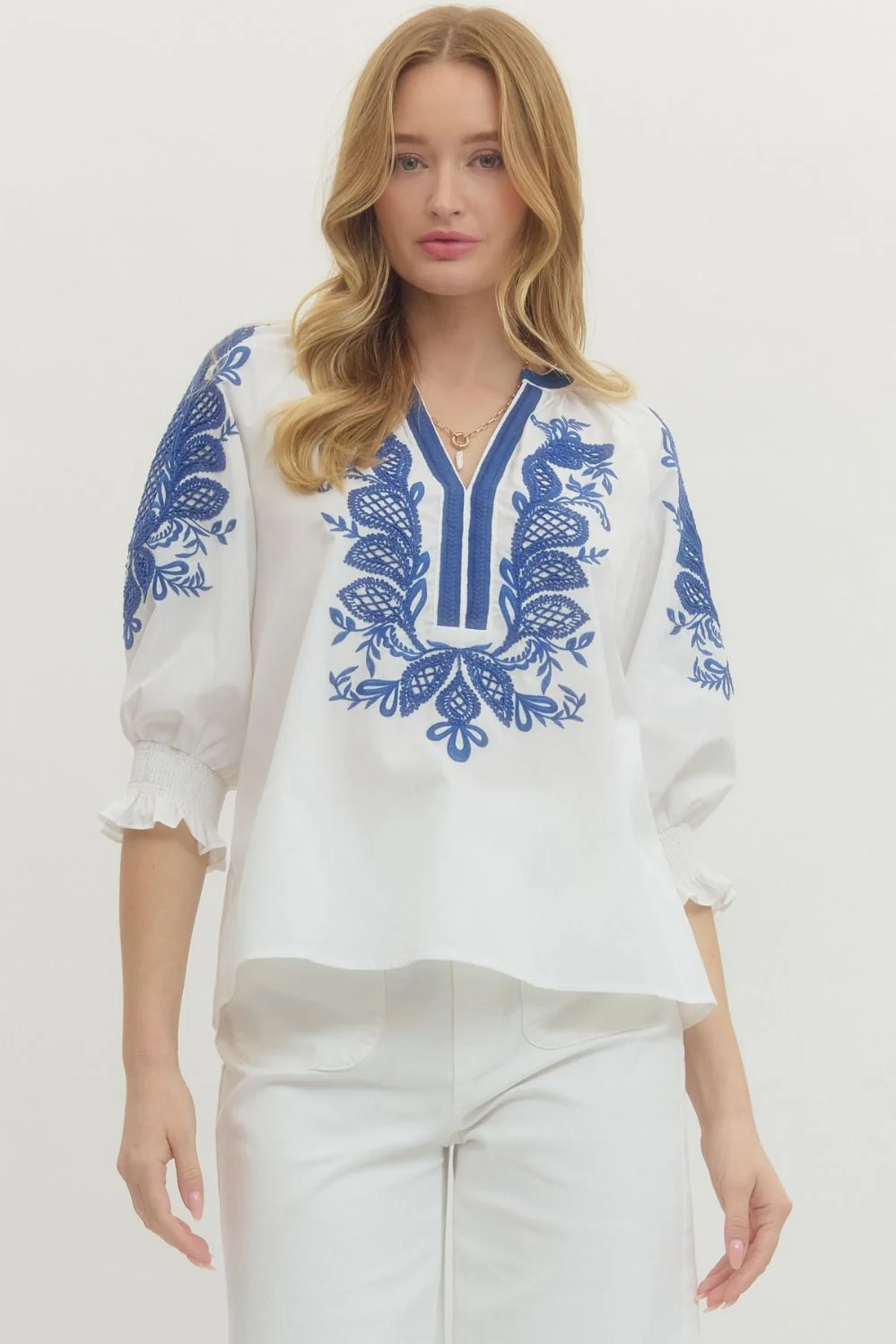 Madelyn Solid Embroidered ¾ Sleeve Top - Image 7