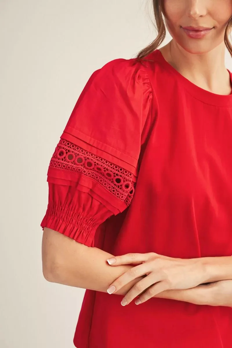 Madison Short Puff Sleeves Solid Fabric Mix Lovely Top - Image 3
