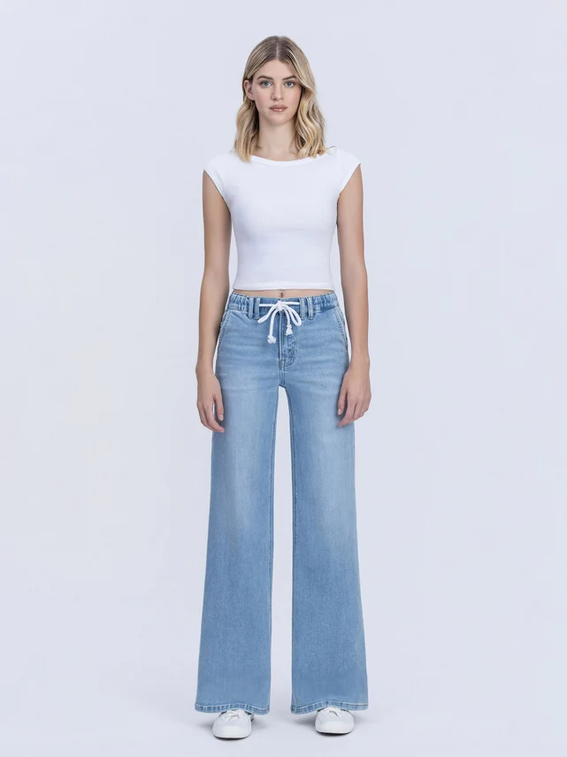 Maggie High Rise Elastic Waistband with Drawstring Wide Leg Jeans - Image 3