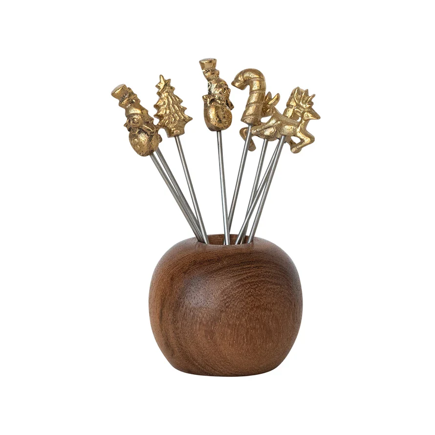 Mango Wood Holder With Appetizer Picks - Sold as Set