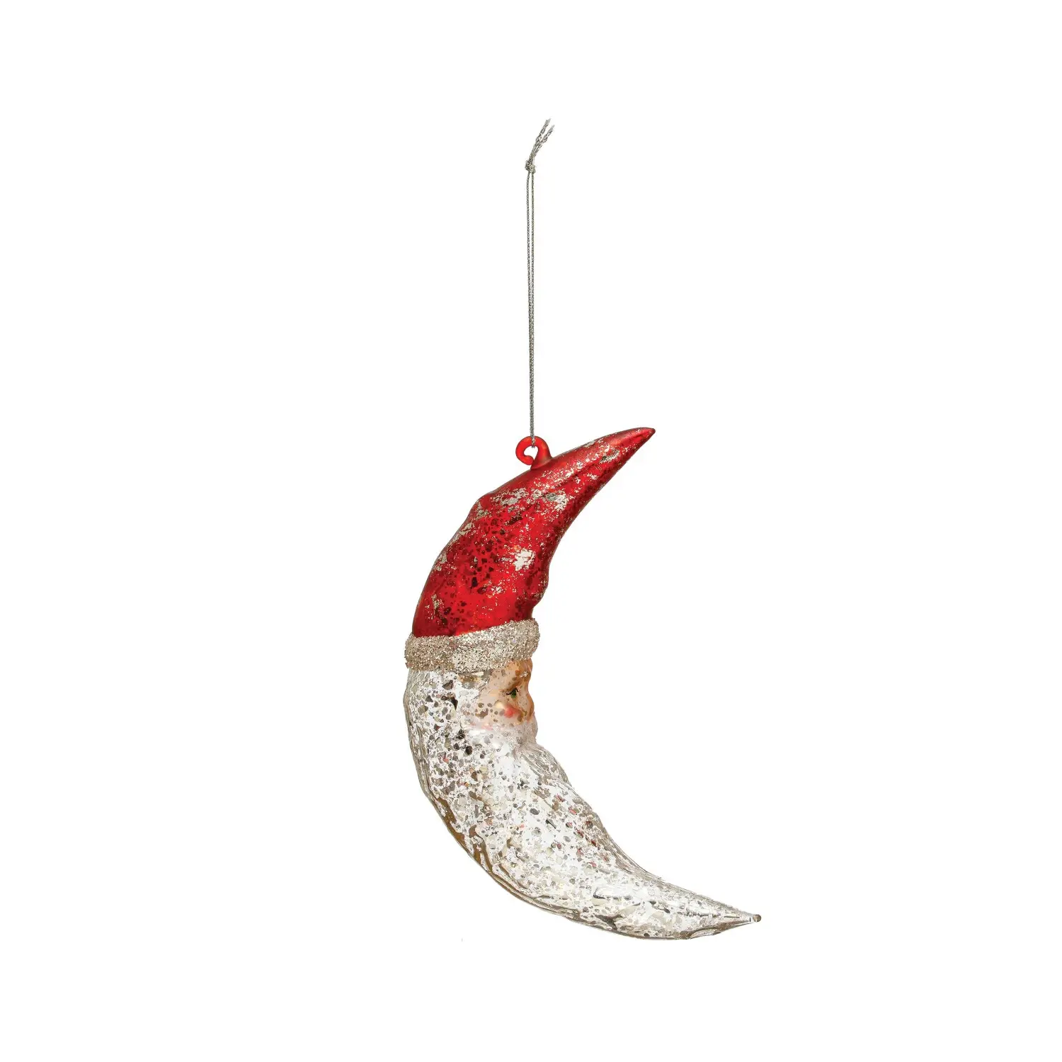 Mercury Glass Santa Moon Ornament with Glitter