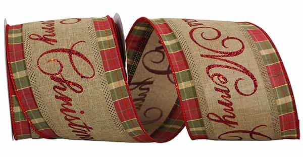 MERRY CHRISTMAS LINEN PLAID WIRED EDGE RIBBON 4"x10yds - Image 2