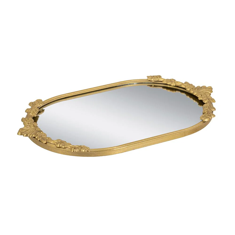 Mirror Tray with Gold Iron Frame Intricate Floral