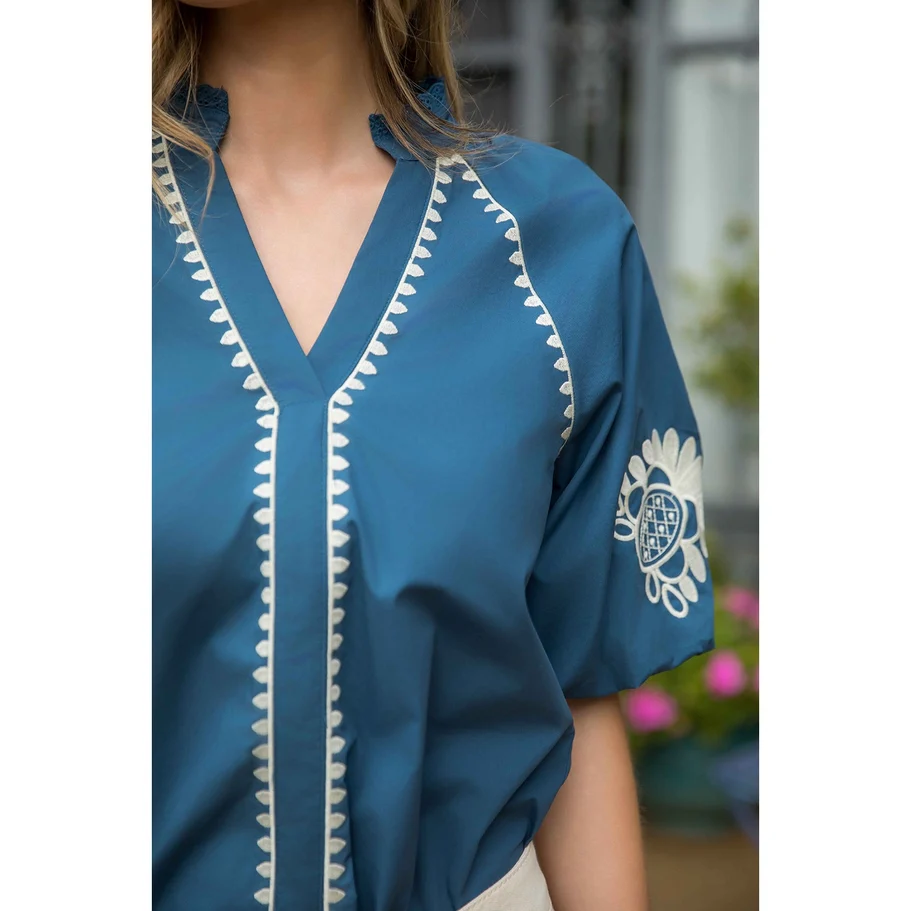 Naomi Embroidered V-Neck Puff Sleeve Top - Image 4