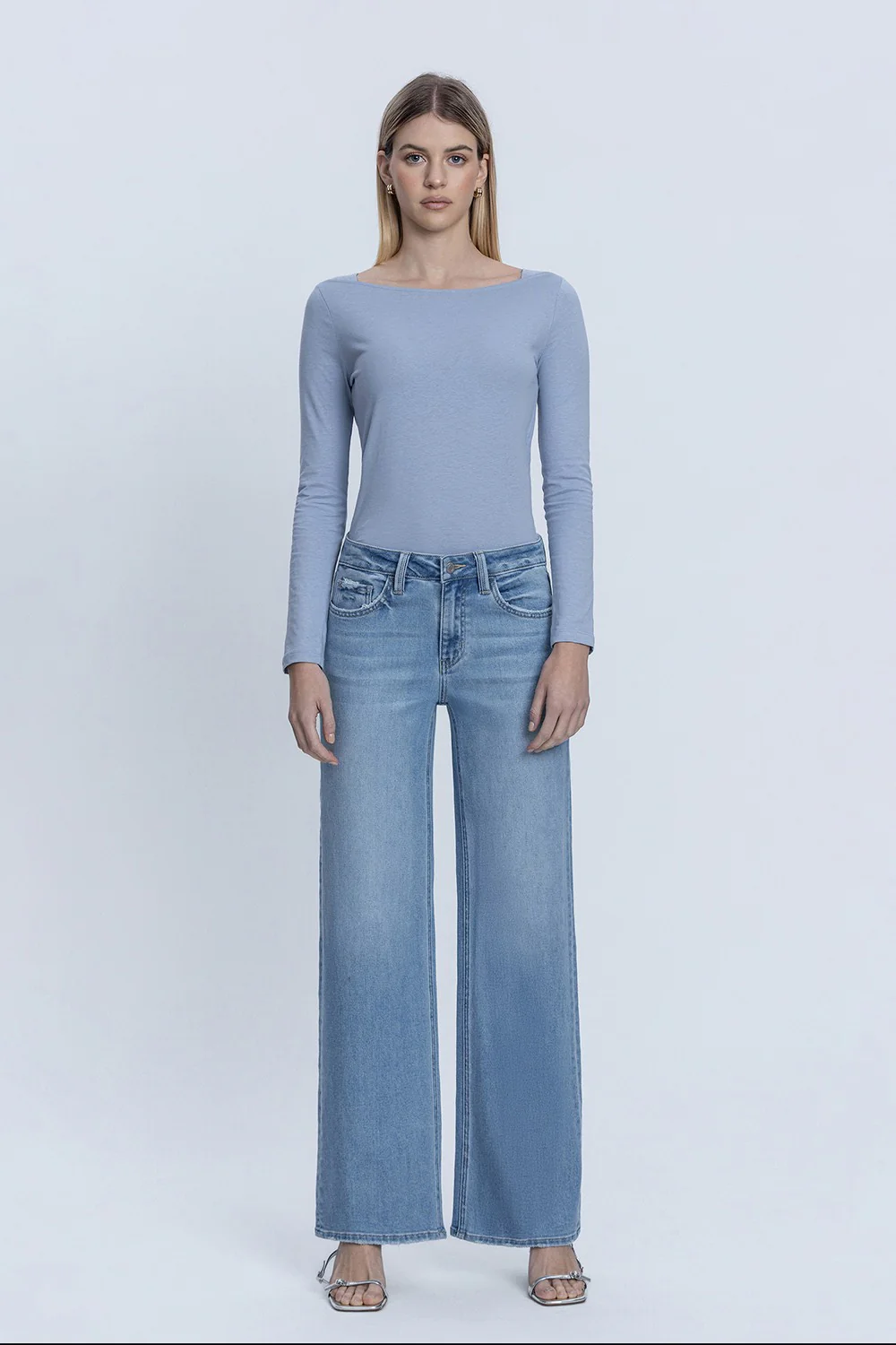Natalie Mid Rise Full Length Medium Wash Wide Leg Jeans - Image 5