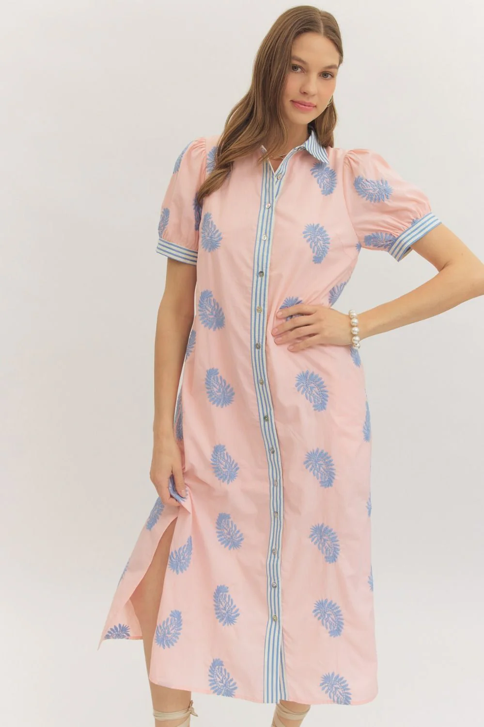 Nicole Embroidered Short Puff Sleeve Midi Dress - Image 3