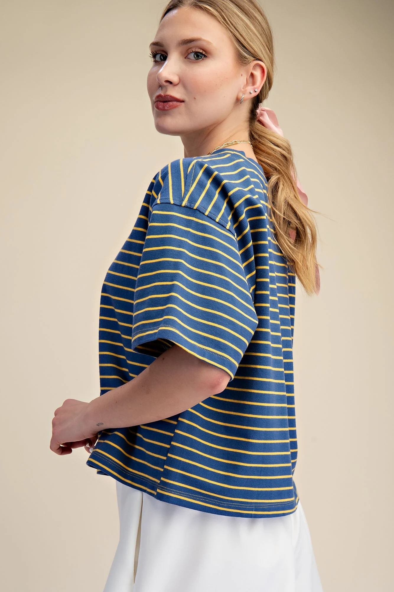 Ophelia Round Neck Wide Sleeve Pullover Stripe Everyday Top - Image 3