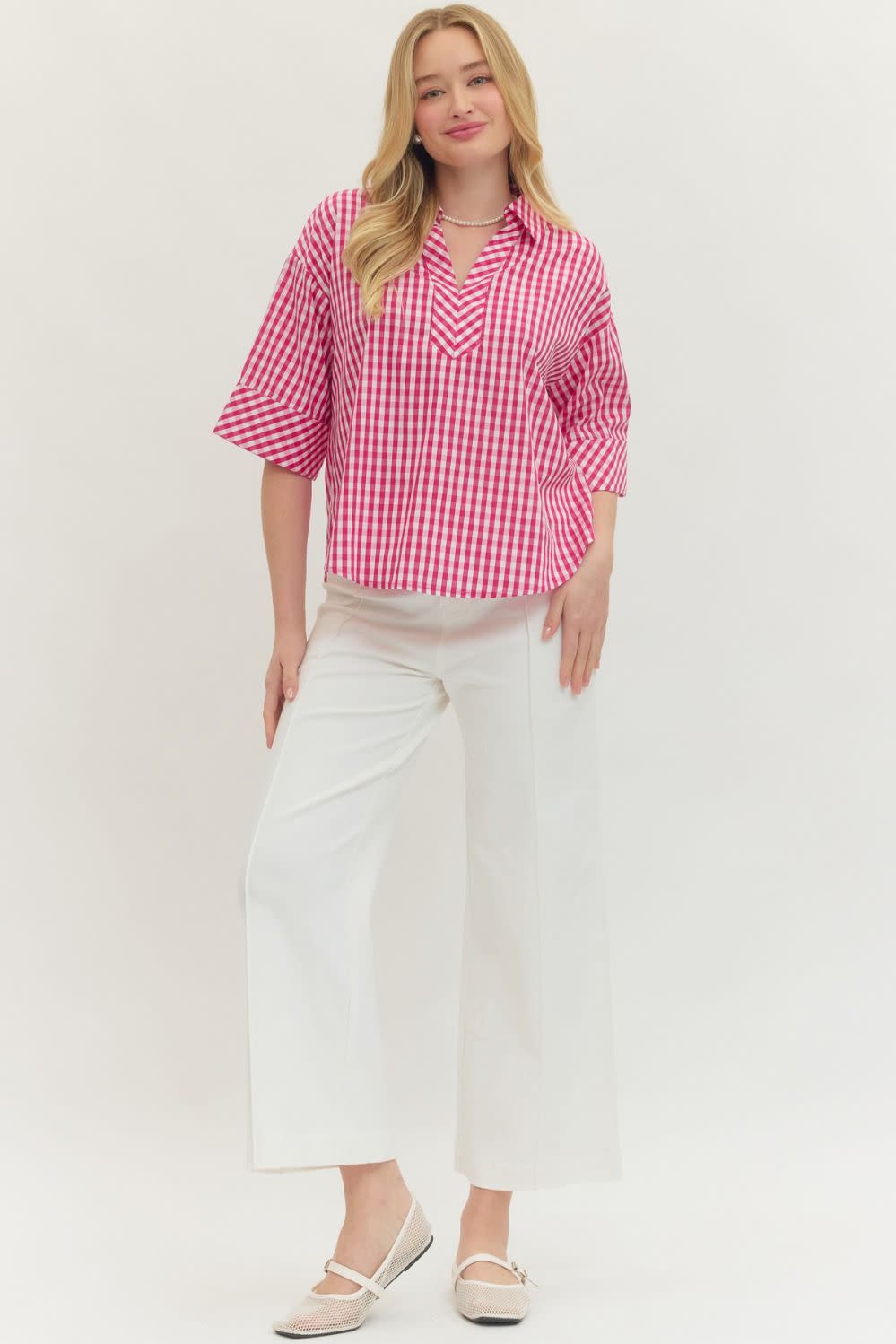 Pamela Gingham Print ¾ Sleeve Top - Image 6