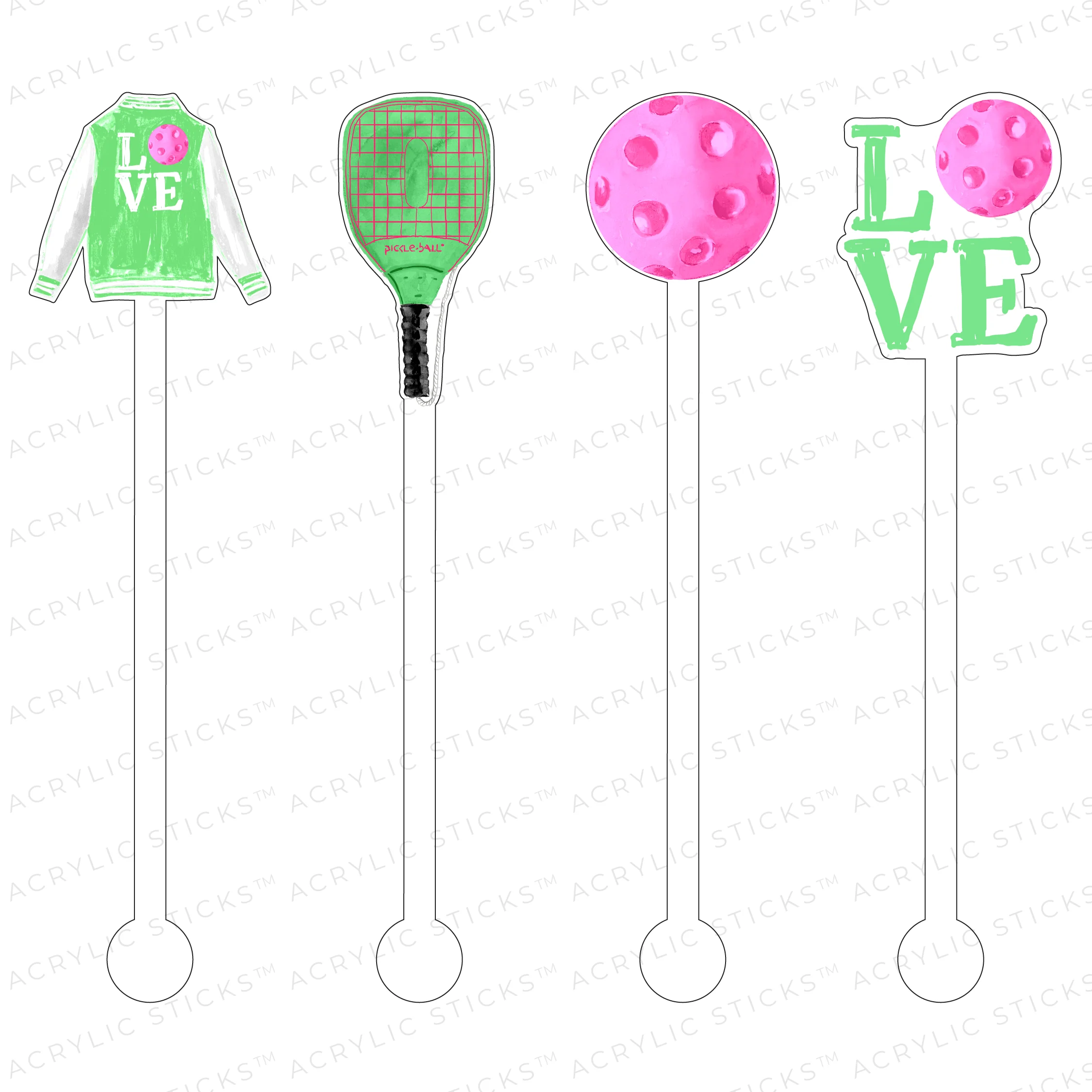 Pickleball Hot Pink & Lime Acrylic Stir Sticks Combo - Sold as Set - Image 2