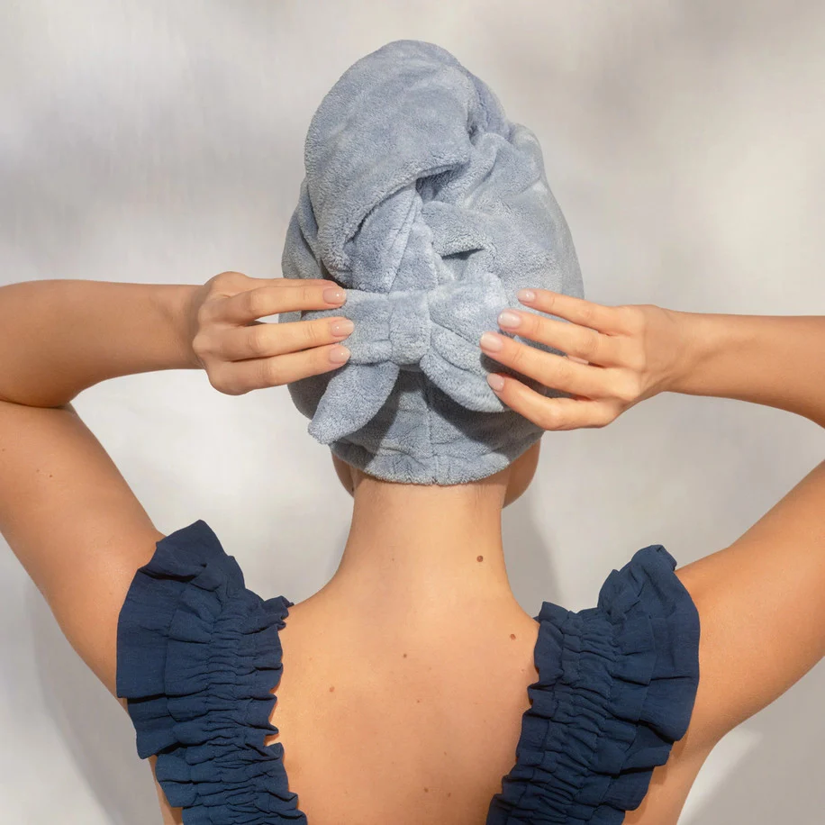 Plush Microfiber Hair Towel Turban with Bow - Coastal Blue - Image 6