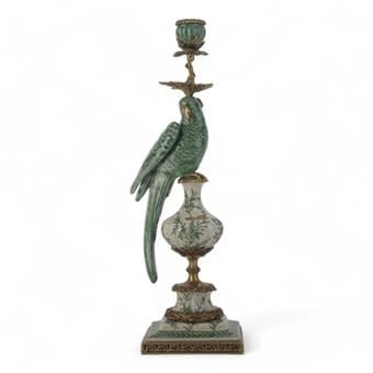 Porcelain Parrot Candle Holder With Bronze Ormolu - Green Bird Left