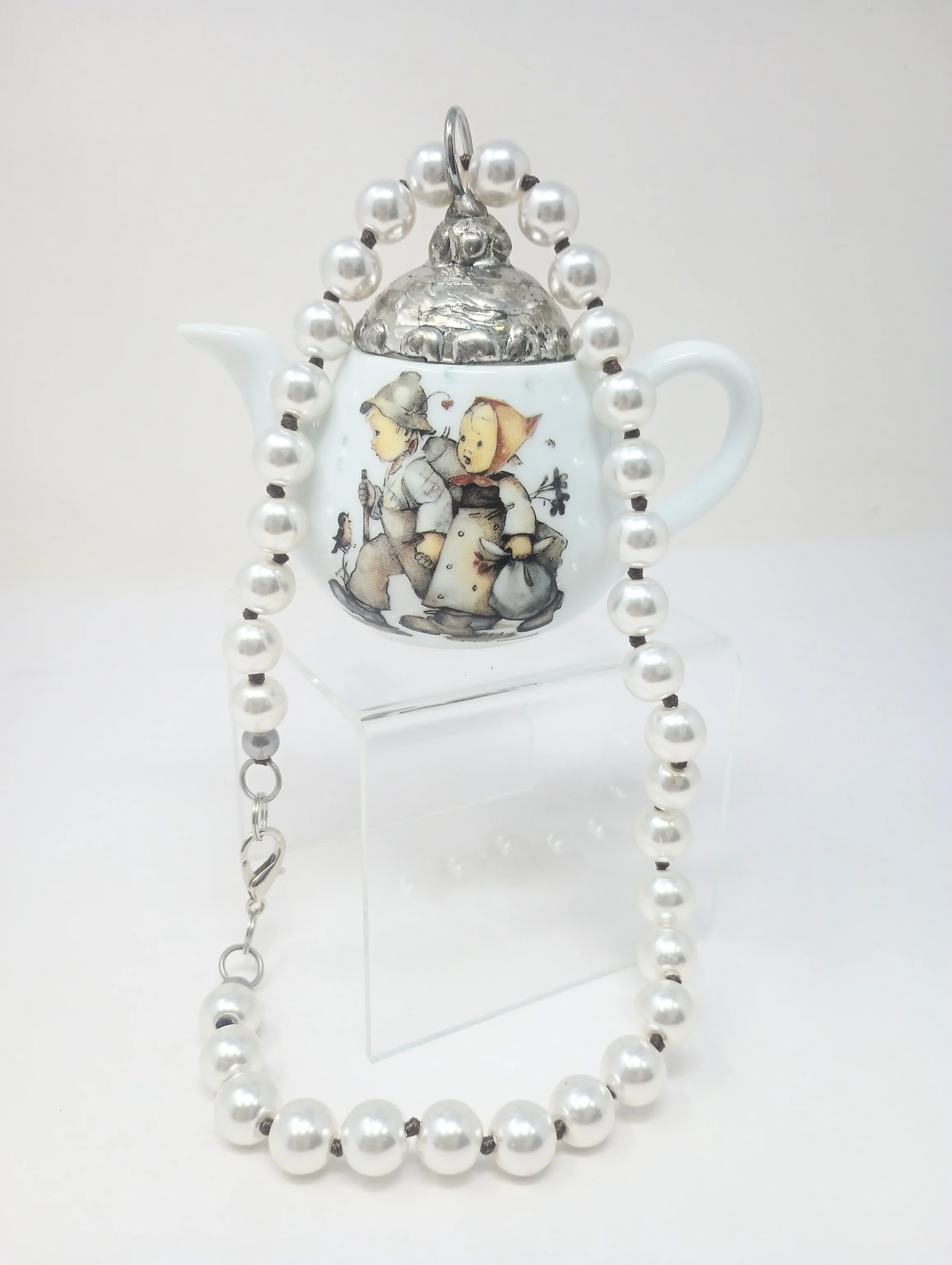 Porcelain Teapot Charm with M.I. Hummel Artwork on Fashion Pearl Necklace - Image 2