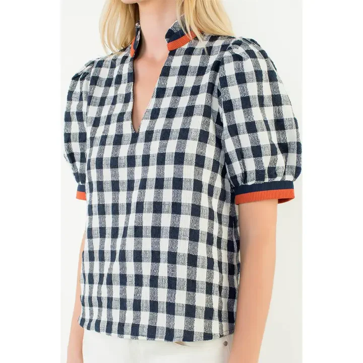 Puff Sleeve Checkered Pattern V-Neck Top Navy - Image 2
