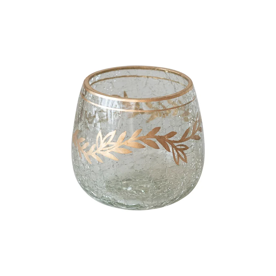 Recycled Glass Tealight/Votive Holder with Gold Finish Design