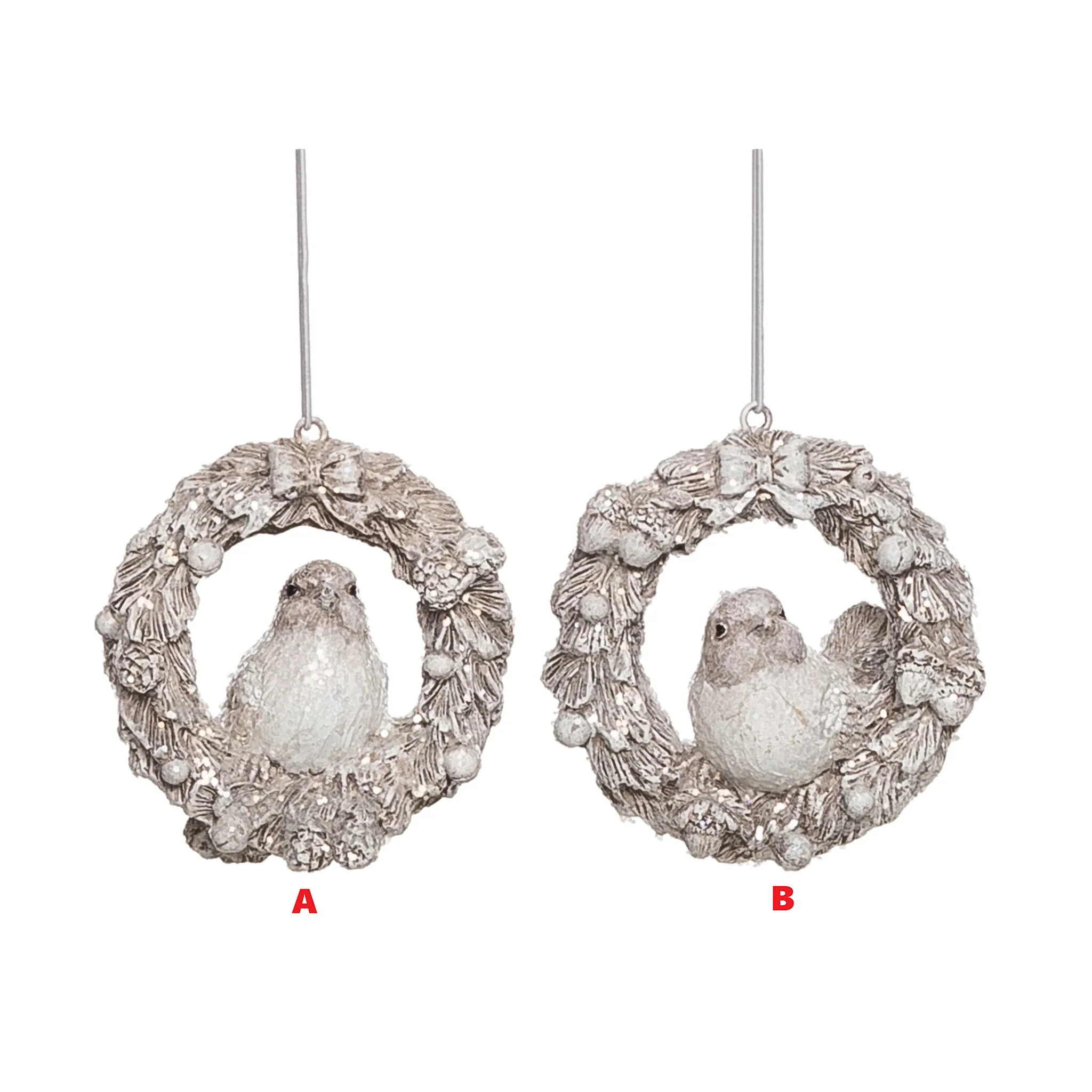 Res Glitter Winter Bird with Wreath Ornament