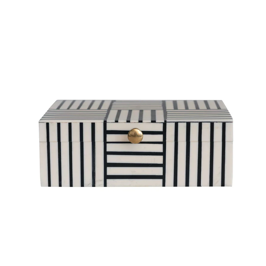 Resin Box With Striped Block Pattern & Gold Knob - Black & White